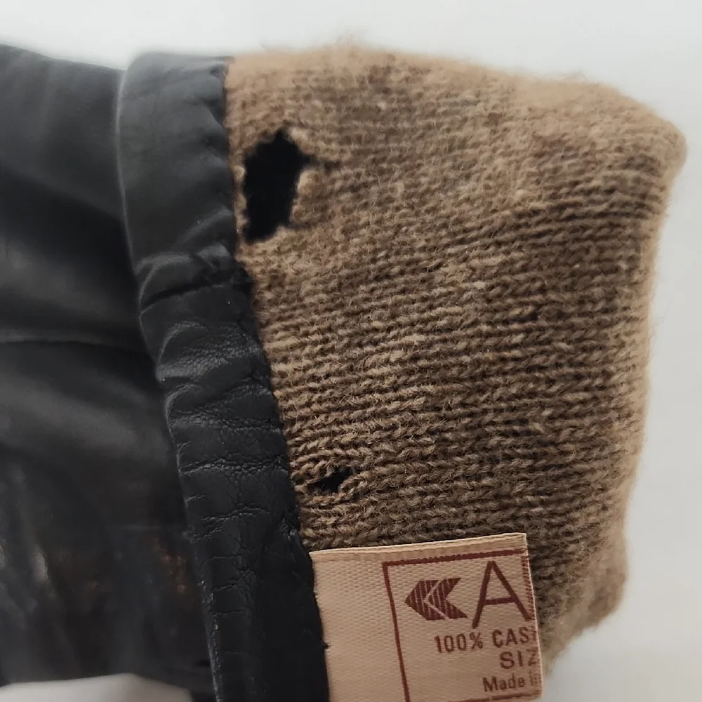 Aris Black Leather Cashmere Gloves Size 6 1/2